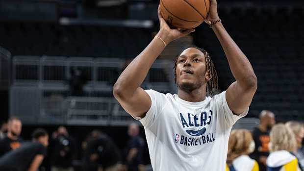 Myles Turner warming up